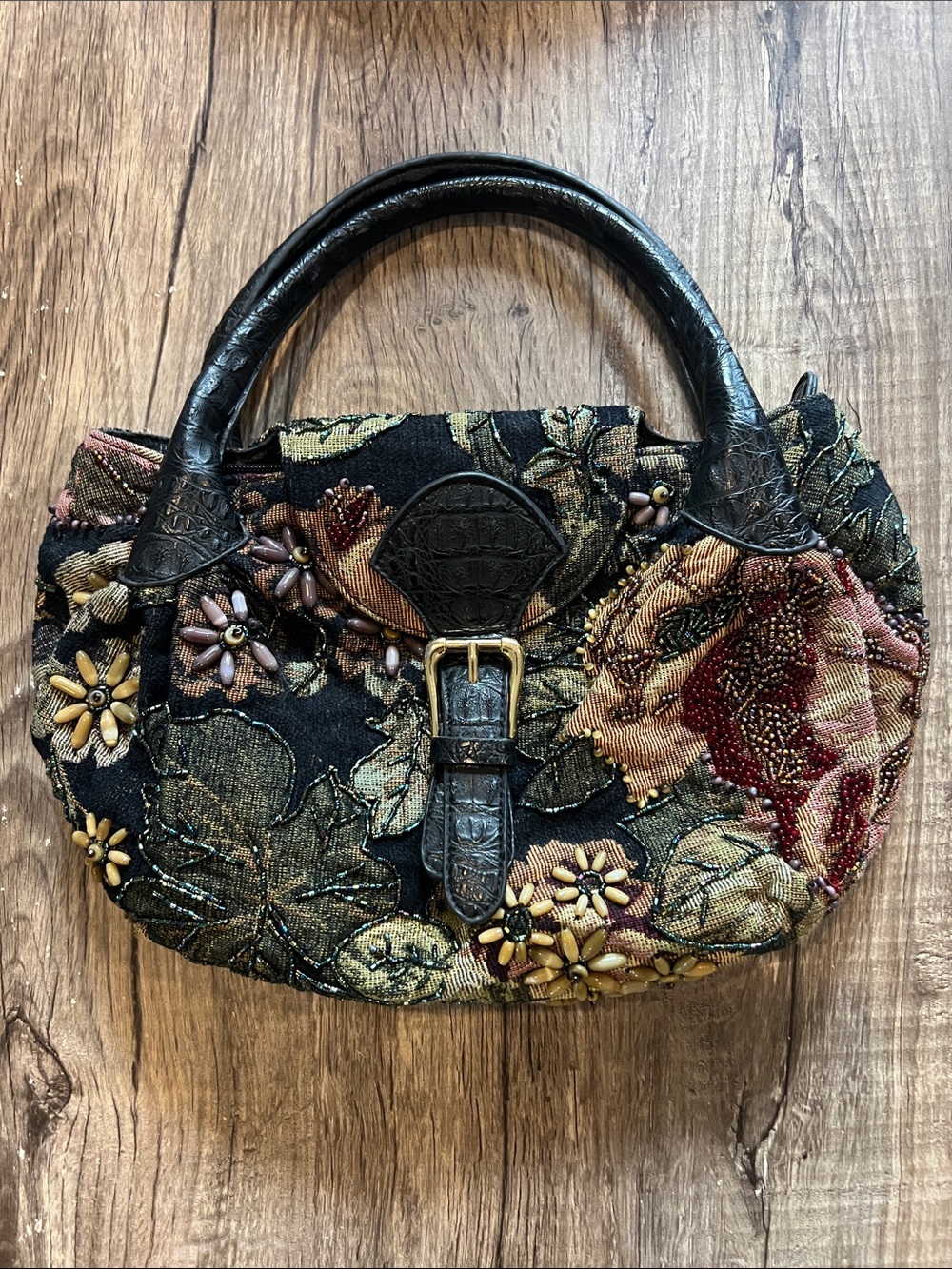 Y2K vintage floral tapestry beaded satchel bag